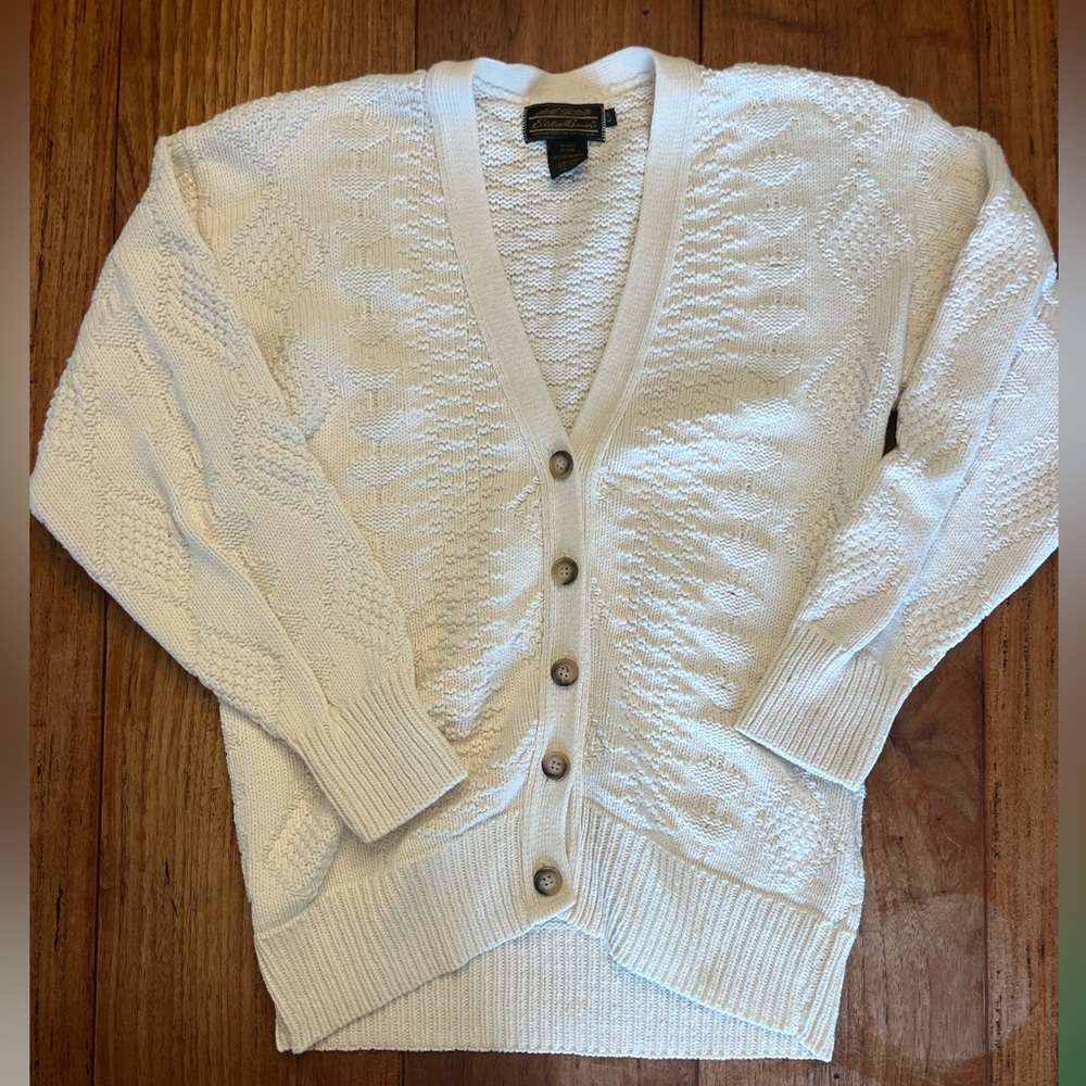Eddie Bauer Vintage Fisherman Knit Button Down Cream Sweater 100% Cotton